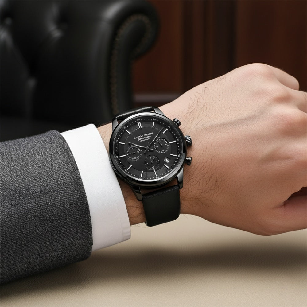 Relógio de Couro Masculino Preto Luxemiro